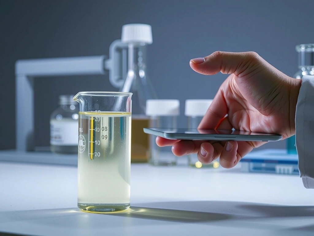 Hand eines Labors mit Tablet und Glasbehälter